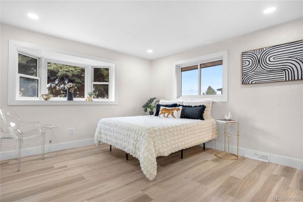 Bedroom, Interior, Recessed Lighting, Wood Texture Flooring