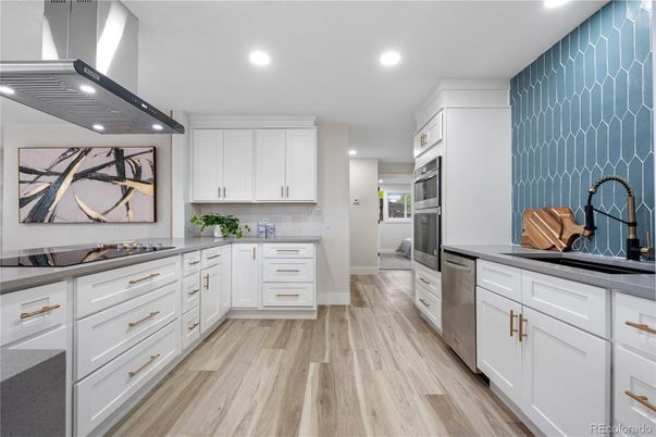 Interior, Kitchen, Recessed Lighting, Stainless Steel Appliances, Wood Texture Flooring