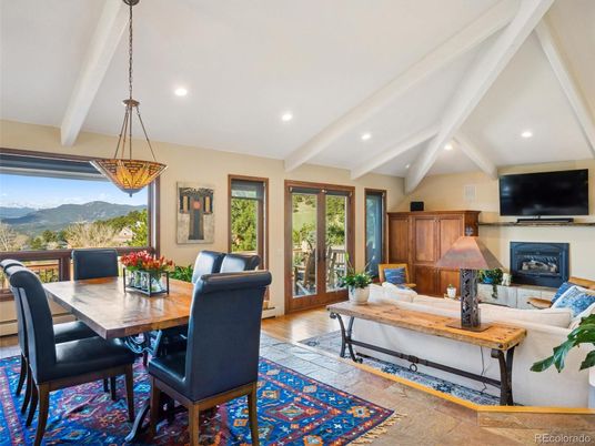 Dining room, Fireplace, Interior, Living room, Pendant Lights, Recessed Lighting, Wood Texture Flooring