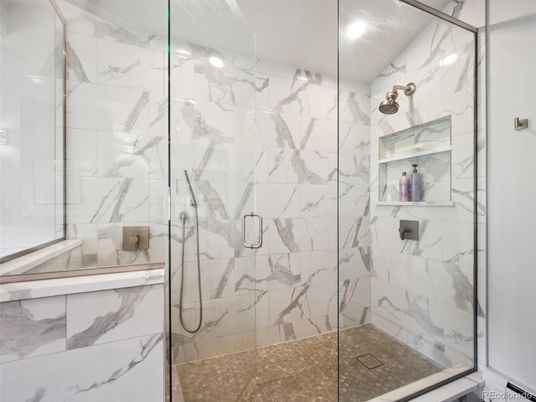 Bathroom, Glass Shower, Interior, Marble Walls, Recessed Lighting