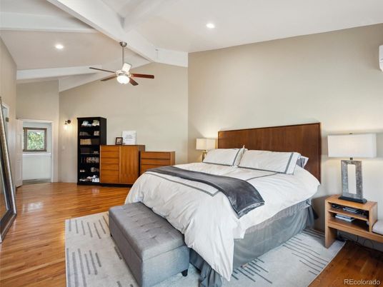 Bedroom, Interior, Recessed Lighting, Wood Texture Flooring