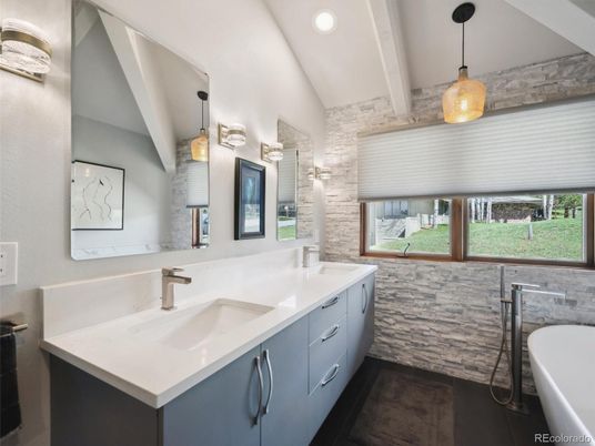 Bathroom, Dual Sink Vanities, Free Standing Baths, Interior, Pendant Lights, Recessed Lighting