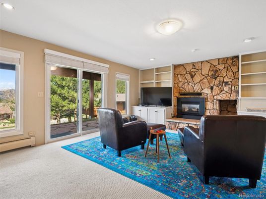 Fireplace, Interior, Living room, Recessed Lighting, Stone Walls