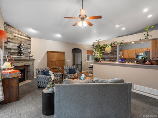 Fireplace, Interior, Kitchen, Living room, Recessed Lighting, Stone Walls