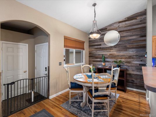 Dining room, Interior, Pendant Lights, Wood Texture Flooring, Wooden Walls