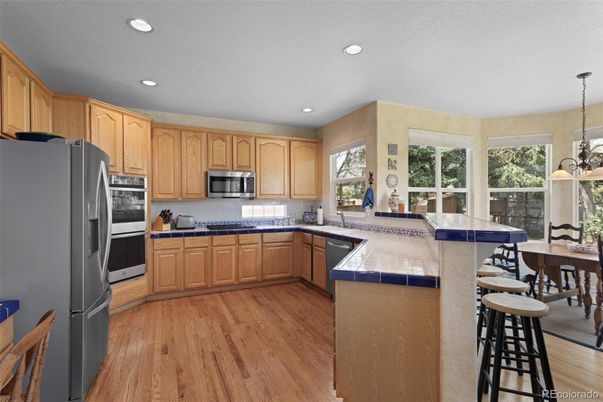 Dining room, Interior, Kitchen, Pendant Lights, Recessed Lighting, Wood Texture Flooring