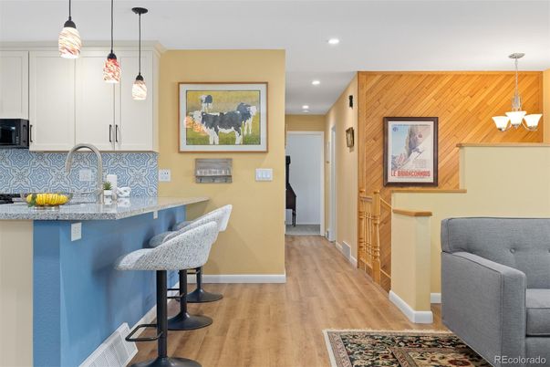 Interior, Kitchen, Pendant Lights, Recessed Lighting, Wood Texture Flooring
