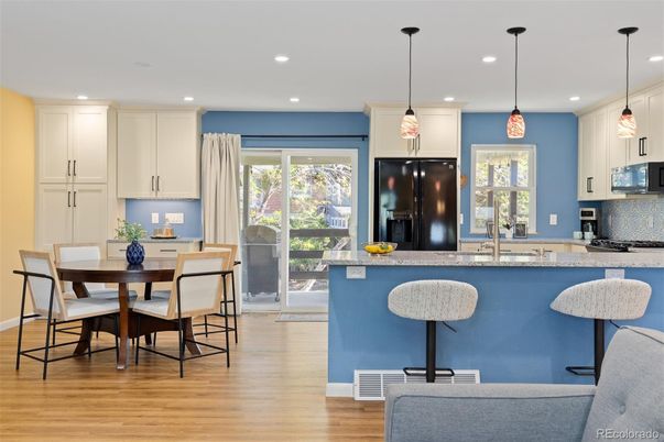 Dining room, Interior, Kitchen, Pendant Lights, Recessed Lighting, Wood Texture Flooring