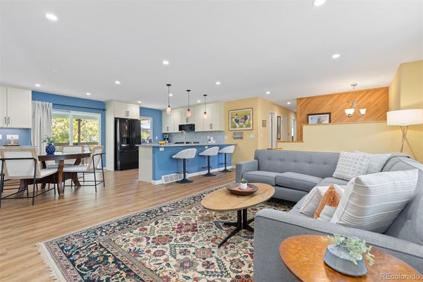 Dining room, Interior, Kitchen, Living room, Pendant Lights, Recessed Lighting, Wood Texture Flooring