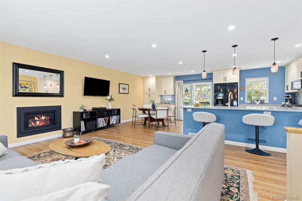 Dining room, Fireplace, Interior, Kitchen, Living room, Pendant Lights, Recessed Lighting, Wood Texture Flooring