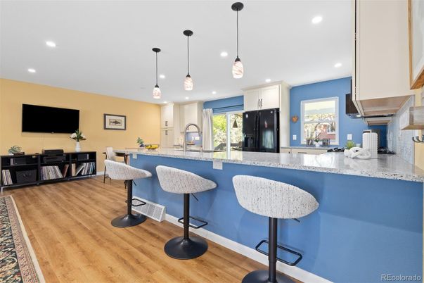 Interior, Kitchen, Pendant Lights, Recessed Lighting, Wood Texture Flooring