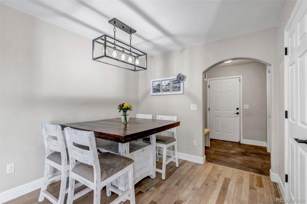 Dining room, Interior, Pendant Lights, Wood Texture Flooring
