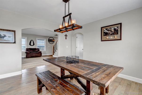 Dining room, Interior, Pendant Lights, Wood Texture Flooring
