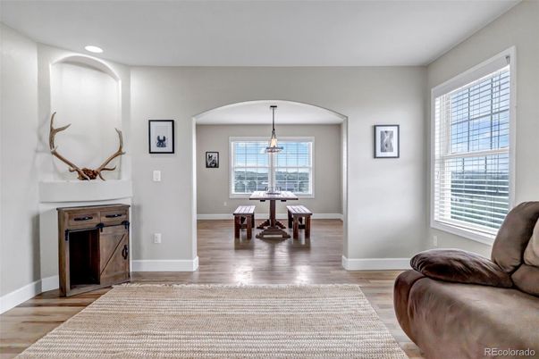 Dining room, Interior, Pendant Lights, Recessed Lighting, Wood Texture Flooring
