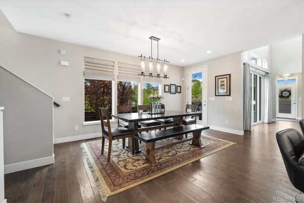 Dining room, Interior, Pendant Lights, Recessed Lighting, Wood Texture Flooring