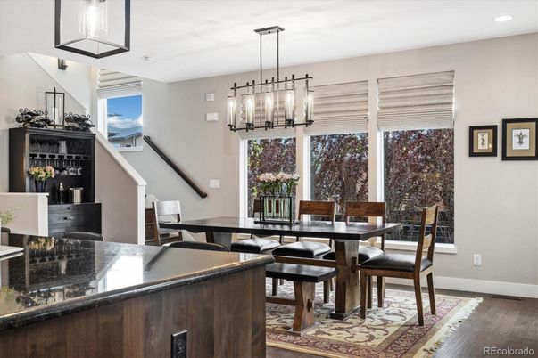 Dining room, Interior, Pendant Lights, Recessed Lighting, Wood Texture Flooring