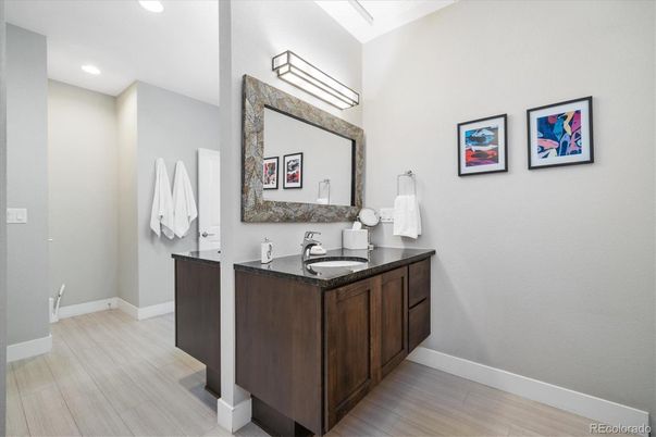 Bathroom, Dual Sink Vanities, Interior, Recessed Lighting, Wood Texture Flooring