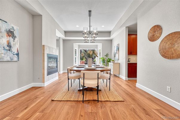 Dining room, Interior, Pendant Lights, Recessed Lighting, Wood Texture Flooring