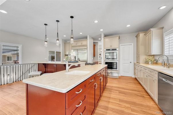 Interior, Kitchen, Pendant Lights, Recessed Lighting, Stainless Steel Appliances, Wood Texture Flooring