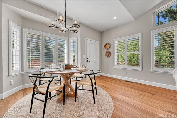 Chandelier, Dining room, Interior, Pendant Lights, Recessed Lighting, Wood Texture Flooring