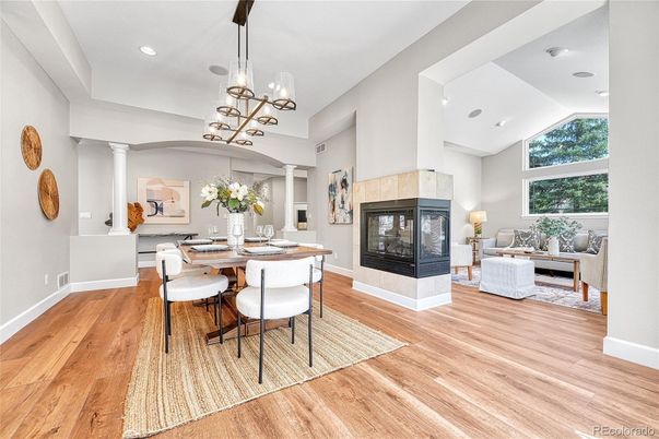 Dining room, Fireplace, Interior, Living room, Pendant Lights, Recessed Lighting, Wood Texture Flooring
