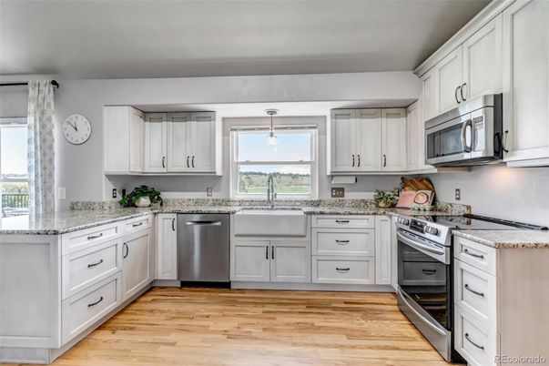 Interior, Kitchen, Pendant Lights, Stainless Steel Appliances, Wood Texture Flooring