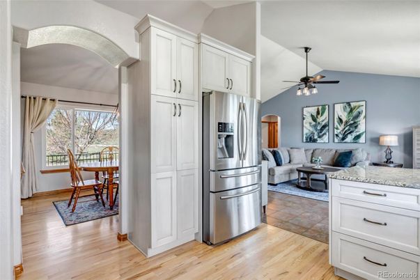 Dining room, Interior, Kitchen, Living room, Stainless Steel Appliances, Wood Texture Flooring