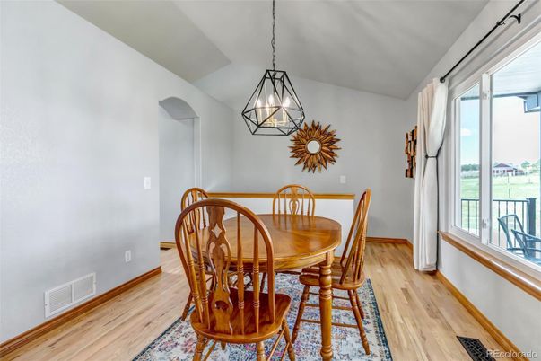Dining room, Interior, Pendant Lights, Wood Texture Flooring