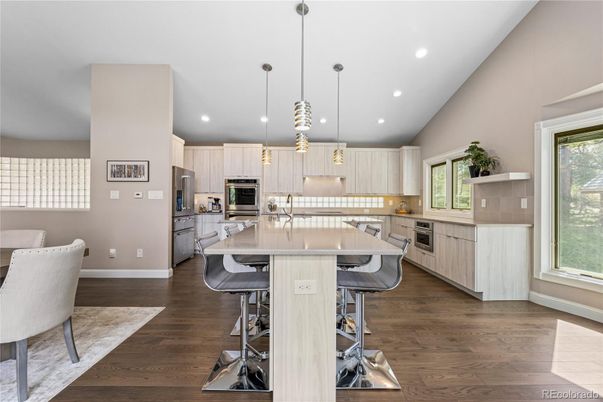 Interior, Kitchen, Pendant Lights, Recessed Lighting, Stainless Steel Appliances, Wood Texture Flooring