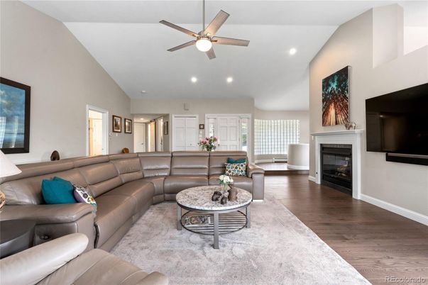 Fireplace, Interior, Living room, Recessed Lighting, Wood Texture Flooring