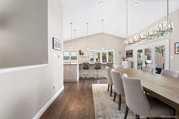 Dining room, Interior, Pendant Lights, Recessed Lighting, Wood Texture Flooring