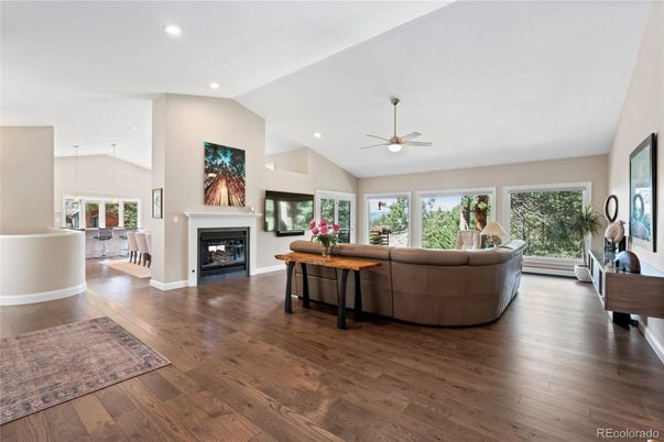 Fireplace, Interior, Living room, Pendant Lights, Recessed Lighting, Wood Texture Flooring