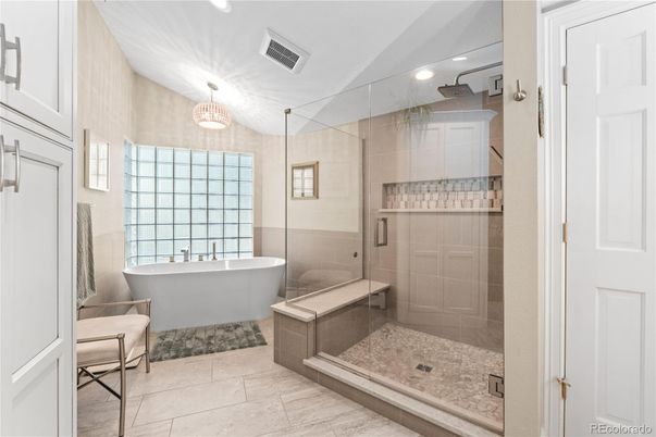 Bathroom, Free Standing Baths, Glass Shower, Interior, Recessed Lighting