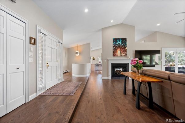 Fireplace, Interior, Living room, Pendant Lights, Recessed Lighting, Wood Texture Flooring