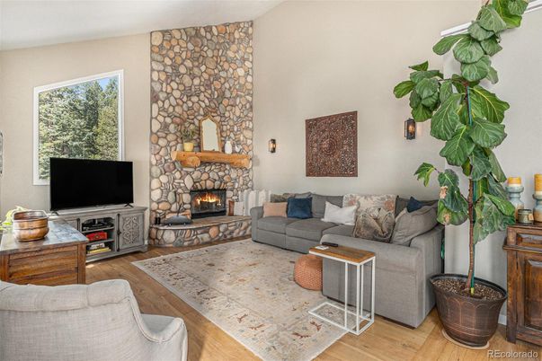 Fireplace, Interior, Living room, Stone Walls, Wood Texture Flooring