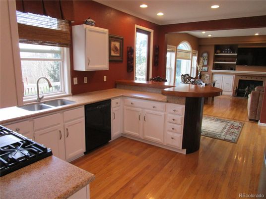 Fireplace, Interior, Kitchen, Recessed Lighting, Wood Texture Flooring