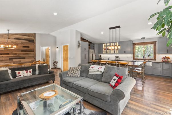 Dining room, Interior, Kitchen, Living room, Pendant Lights, Recessed Lighting, Wood Texture Flooring, Wooden Walls