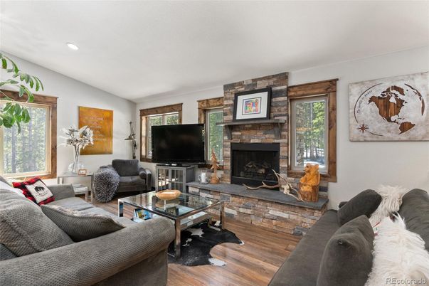 Fireplace, Interior, Living room, Recessed Lighting, Wood Texture Flooring