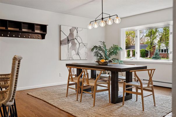 Dining room, Interior, Pendant Lights, Wood Texture Flooring