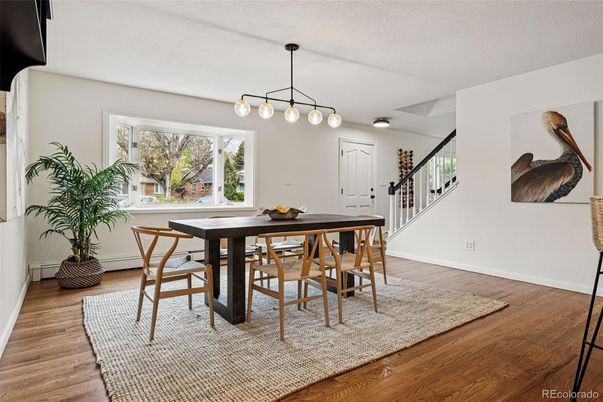 Dining room, Interior, Pendant Lights, Wood Texture Flooring