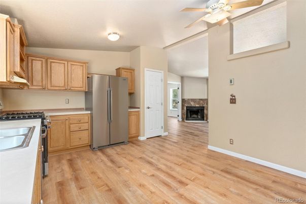 Fireplace, Interior, Kitchen, Stainless Steel Appliances, Wood Texture Flooring