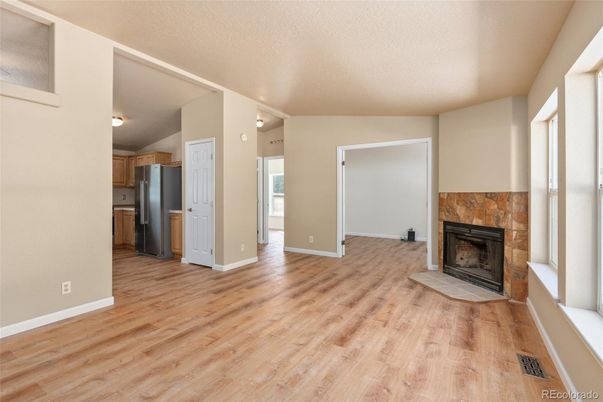 Empty room, Fireplace, Interior, Kitchen, Wood Texture Flooring