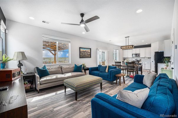Dining room, Interior, Kitchen, Living room, Pendant Lights, Recessed Lighting, Stainless Steel Appliances, Wood Texture Flooring