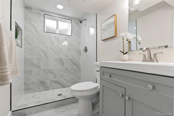 Bathroom, Glass Shower, Interior, Marble, Marble Walls, Recessed Lighting