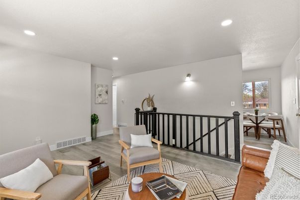 Dining room, Interior, Living room, Recessed Lighting, Wood Texture Flooring