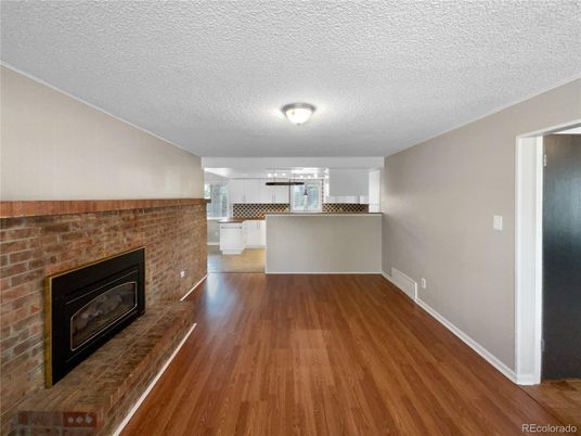 Fireplace, Interior, Kitchen, Stone Walls, Wood Texture Flooring