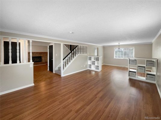 Empty room, Fireplace, Interior, Pendant Lights, Wood Texture Flooring