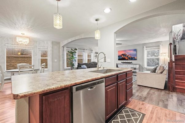 Dining room, Interior, Kitchen, Living room, Pendant Lights, Recessed Lighting, Wood Texture Flooring