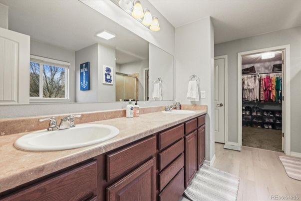 Bathroom, Dual Sink Vanities, Interior, Walk-in Closets, Wood Texture Flooring