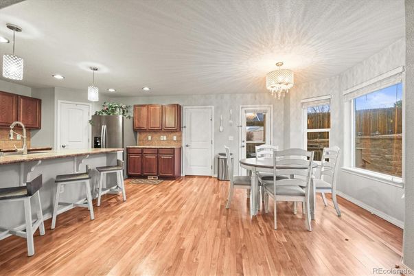 Dining room, Interior, Kitchen, Pendant Lights, Recessed Lighting, Wood Texture Flooring